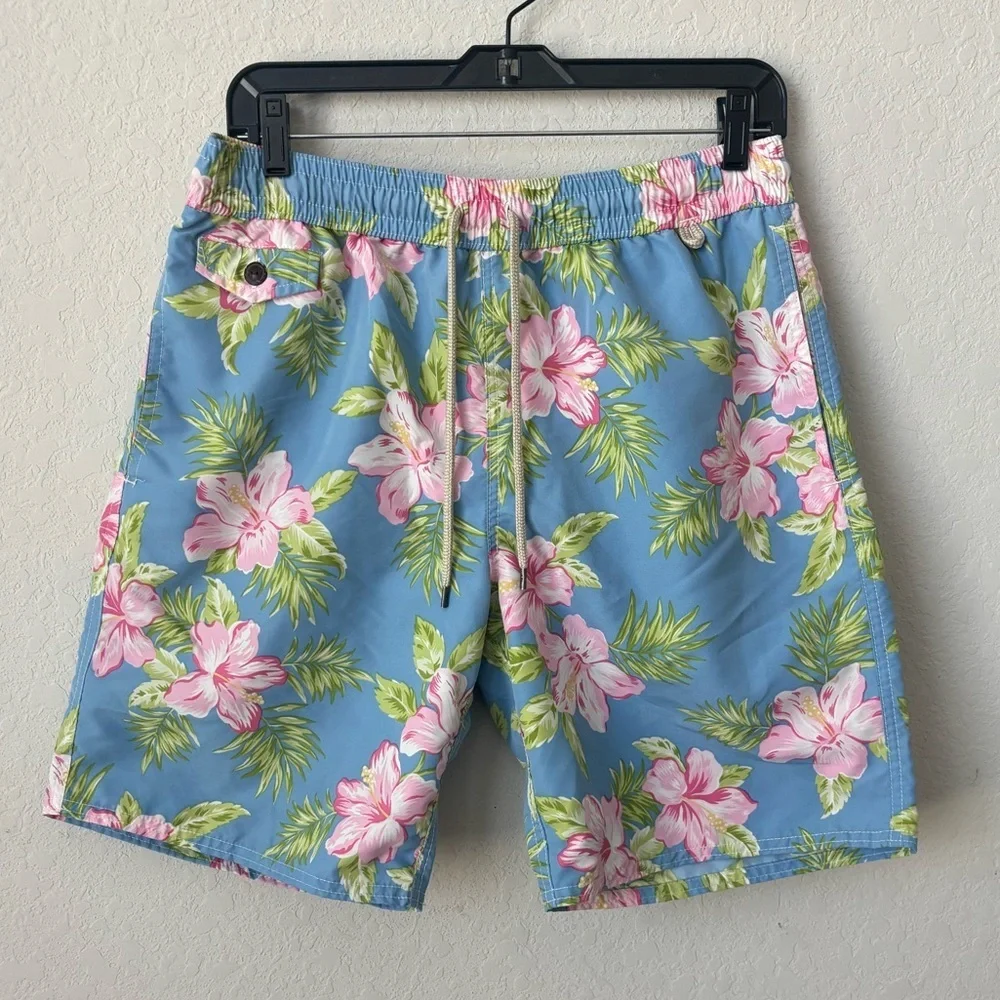 Polo Ralph Lauren Men Swim Trunks Tropical Hawaiian Floral Blue Size Medium